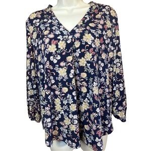 Tura By Vince Camuto V Neck Peasant Bracelet Length Sleeve Navy Blue Floral Top